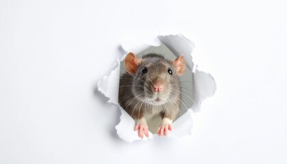 Curious Rat Peeking Through Torn Paper Hole.