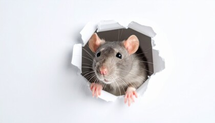 Curious Rat Peeking Through Torn Paper Hole.
