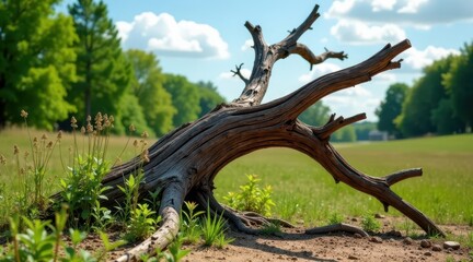 Obraz premium Fallen tree trunk in a sunlit meadow, surrounded by vibrant green vegetation and wildflowers under a bright sky