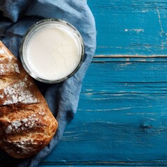 A rustic bread loaf with a glass of milk on a blue wooden table, creating a sense of simplicity and comfort. The scene is illuminated by natural light.