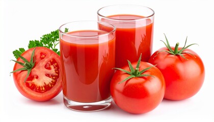 Refreshing Tomato Juice in Glasses with Fresh Tomatoes.