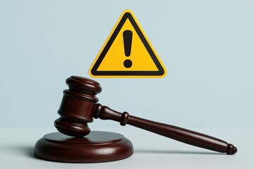 Wooden Gavel Alongside a Yellow Warning Sign Symbolizes a Serious Legal Matter Requiring Immediate Attention.