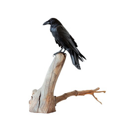 Fototapeta premium Imagine a front view photograph showcasing a lifelike crow figurine perched on a gnarled branch, against a pristine white background