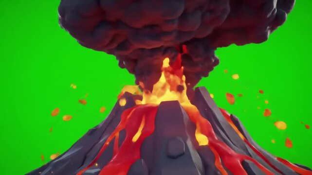 3D cartoon volcano erupting with lava and smoke, solid green screen background