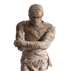 Imagine a front view shot of a lifelike mummy figurine wrapped in weathered bandages, standing rigidly against a clean white background