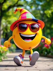 Happy emoji character walking in a park with a colorful hat and red sunglasses on a sunny day