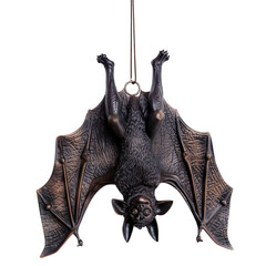 Fototapeta premium Picture a studio quality image featuring an intricately detailed vampire bat ornament hanging upside down, its wings spread wide against a stark white background