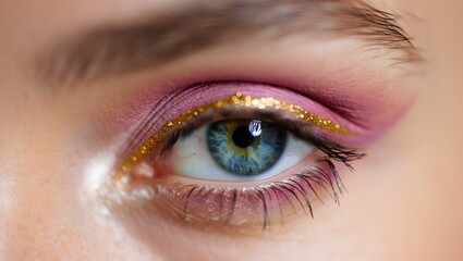 Obraz premium Close up of eye with pink eyeshadow and gold glitter eyeliner beauty makeup tutorial