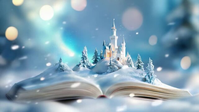 Enchanted castle on snowy book: magical winter wonderland scene