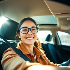 Happy Traveler: Smiling Woman Driving Car on Sunny Day