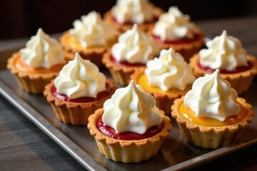 A delectable assortment of miniature tarts, each adorned with a generous swirl of creamy frosting and filled with vibrant fruit preserves, arranged on a sleek metallic tray.