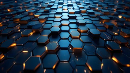 Obraz premium Abstract dark blue hexagon background with golden glowing edges technology concept