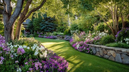 Obraz premium Central lawn surrounded by manicured flower beds and stone border edging