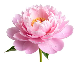 Single Blush Pink Peony Flower with Dew Drops, isolated on transparent background.