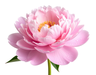 Single Blush Pink Peony Flower with Dew Drops, isolated on transparent background.