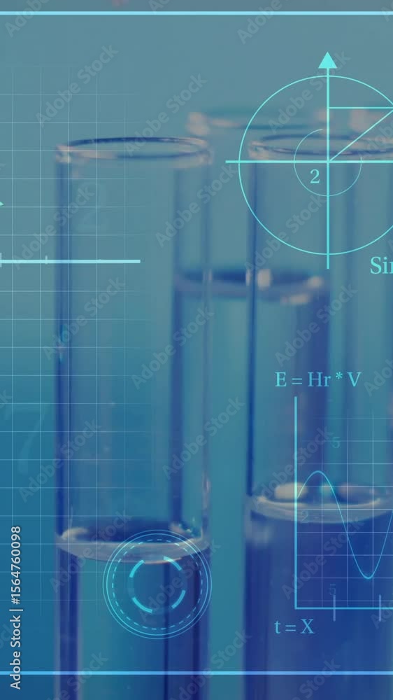 Poster animation of scientific data processing over test tubes in laboratory