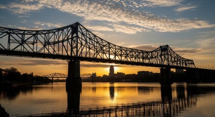 Fototapeta premium Stunning Sunset Over a Historic Steel Truss Bridge Reflection