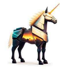 Futuristic Armored Unicorn with Sunset Reflection