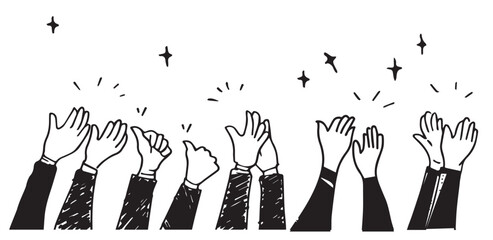 Hand drawn of hands clapping ovation. applause, thumbs up gesture on doodle style , vector illustration 