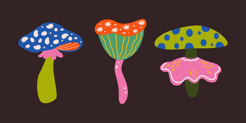 Mystical mushrooms vector cartoon elements in groovy retro style. Woodland illustration in funky hippie style for stickers, posters, badges. Strange forest plant elements for holidays design