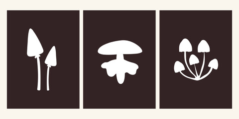 Abstract white silhouette of forest autumn mushrooms. Wild plant posters collection in retro doodle style. Boho aesthetic art decor for wallpaper, walls and postcards