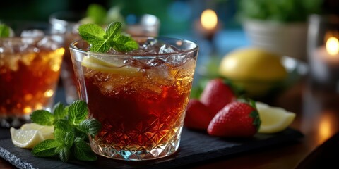 Refreshing summer drinks with herbs and fruits at a cozy gathering during evening hours
