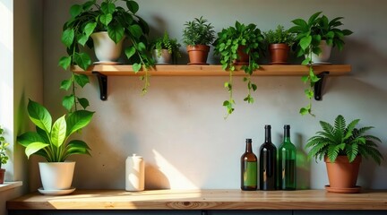 Sunlight Illuminates a Rustic Kitchen Shelf Display Featuring an Array of Lush Greenery and Elegant Glass Bottles