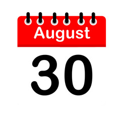 August 30 calendar icon flat design illustration. Calendar template, red and white, sticker, poster, banner, emoticon.