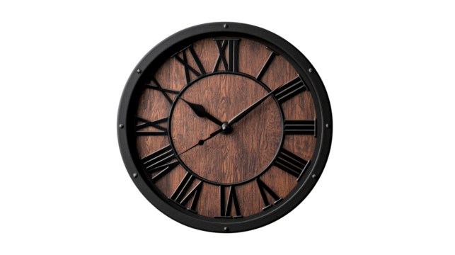 A classic wall clock with Roman numerals, background isolated on a Transparent background, PNG file.