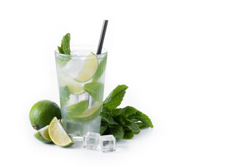 Classic Mojito Cocktail with Lime and Mint isolated on white background. Copy space