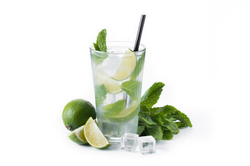 Classic Mojito Cocktail with Lime and Mint isolated on white background