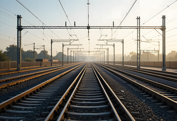 Obraz premium Morning or evening light illuminates empty railway tracks, offering a tranquil perspective on the steel lines of industry and travel