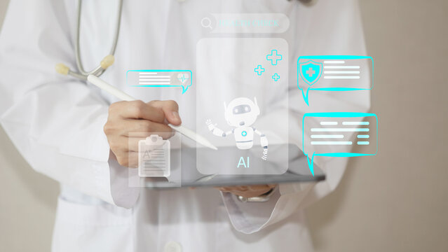 Healthcare Chatbot and Medical technology concept. A doctor using a taplet with AI-powered healthcare chatbot icons, representing medical assistance, health monitoring.