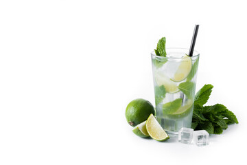 Classic Mojito Cocktail with Lime and Mint isolated on white background. Copy space