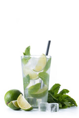 Classic Mojito Cocktail with Lime and Mint isolated on white background