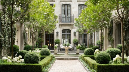 Obraz premium Courtyard garden with symmetrical hedges, gravel paths, and central stone fountain