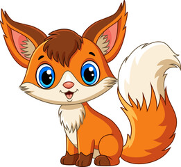 Illustration of cartoon little cute fox and adorable sitting and smiling on white background