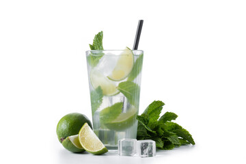 Classic Mojito Cocktail with Lime and Mint isolated on white background