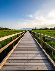 Fototapeta premium Serene Wooden Walkway Leading to Mountains Scenic Pathway Nature Trail.