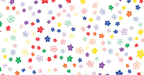 A vibrant scattering of stylized rainbow flowers creates a lighthearted and colorful pattern against a stark white background, suggesting themes of nature, happiness, and joyful springtime bloom