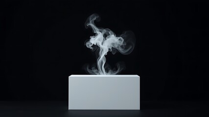 Wisps of ethereal white smoke gracefully ascend from a stark white rectangular pedestal against a deep black backdrop