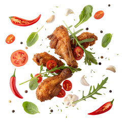 Fried chicken strips flying through the air with crumbs and seasoning, isolated on a white background.