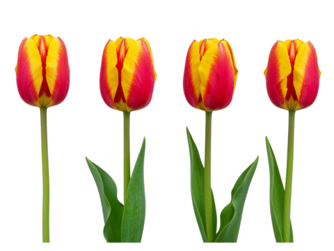 Four red and yellow tulips standing tall with green stems and leaves isolated on transparent background