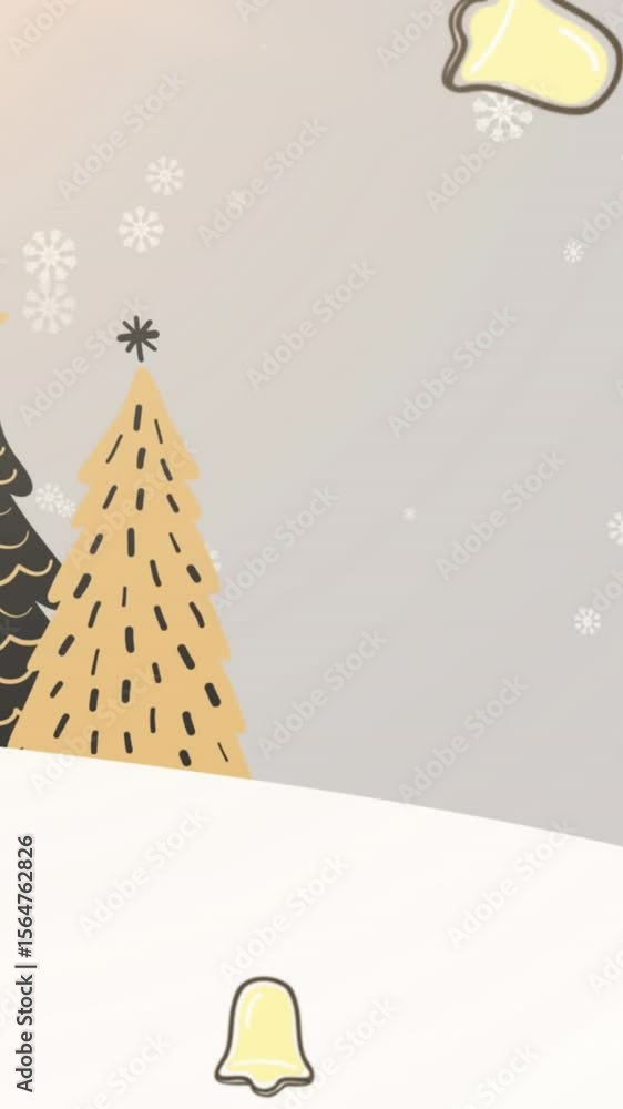 Poster digital animation of multiple christmas bell icons falling against multiple christmas trees