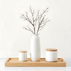 Minimalist white ceramic vase with delicate white flowers and two matching lidded canisters on a light wood tray