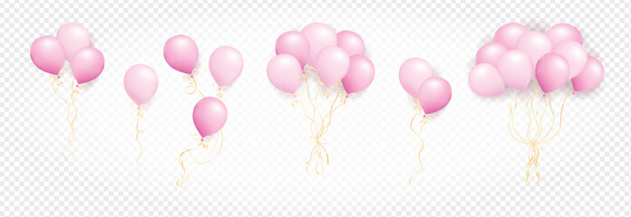 Realistic pink air balloons set isolated on transparent background. Bunch of pastel helium balloons. Set of One, two, three, six and nine 3D air balloons for anniversary, birthday, wedding, party