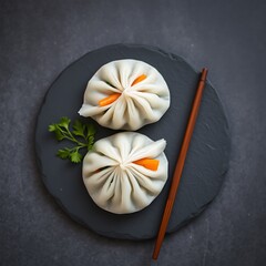 Two delicate steamed dumplings with vibrant orange carrot filling sit on a dark slate plate with chopsticks and parsley garnish