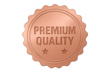 Copper premium quality label with two stars certifying excellent product standard, on a transparent background
