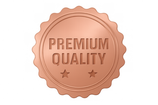 Copper premium quality label with two stars certifying excellent product standard, on a transparent background