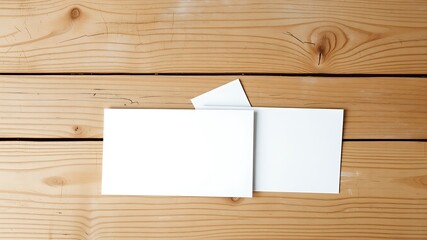 Blank white greeting cards and envelopes arranged on a distressed light brown wooden surface with visible grain and texture